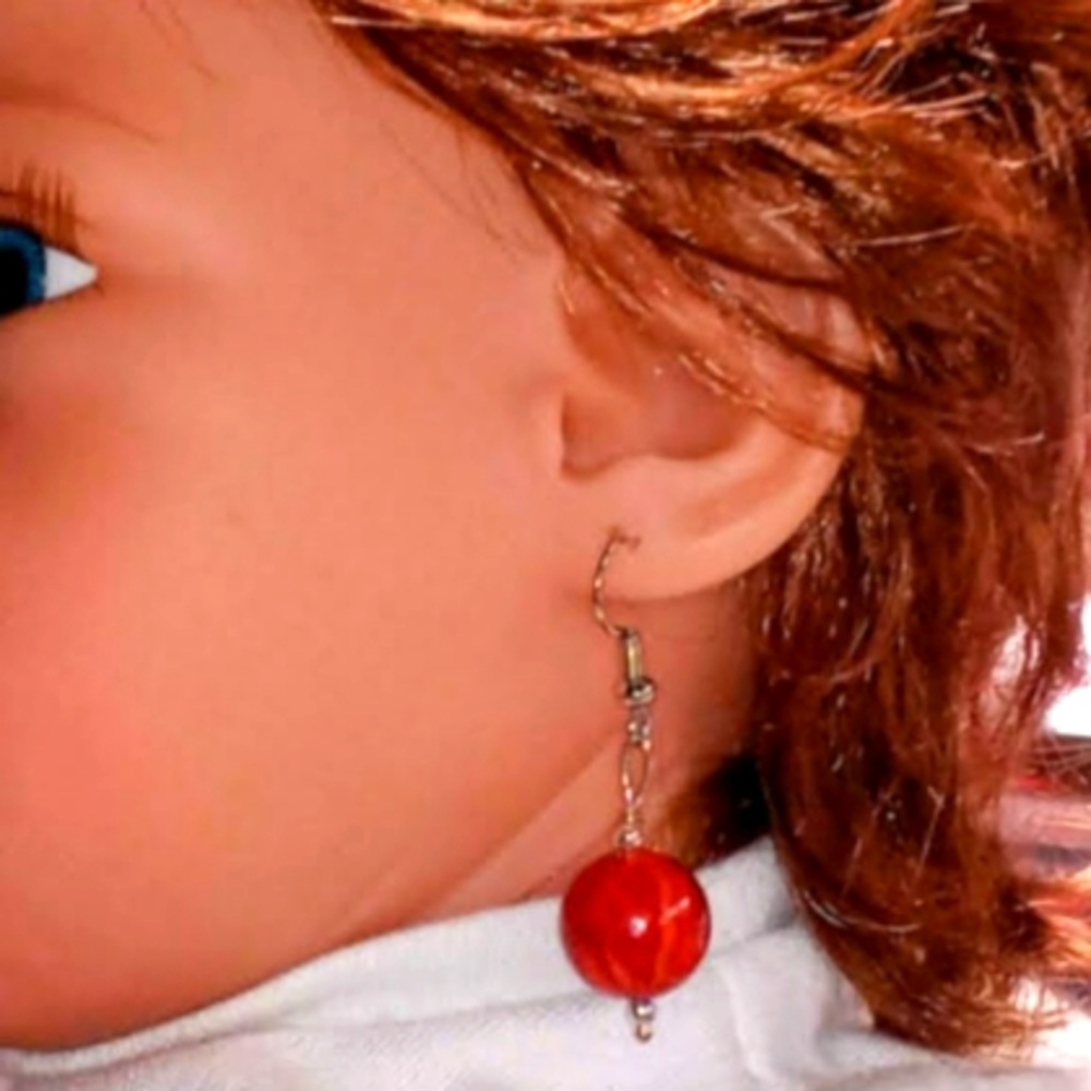 Fire Orange Wooden Sphere Dangle Shepherd's Hook Earrings NWOT Brand New